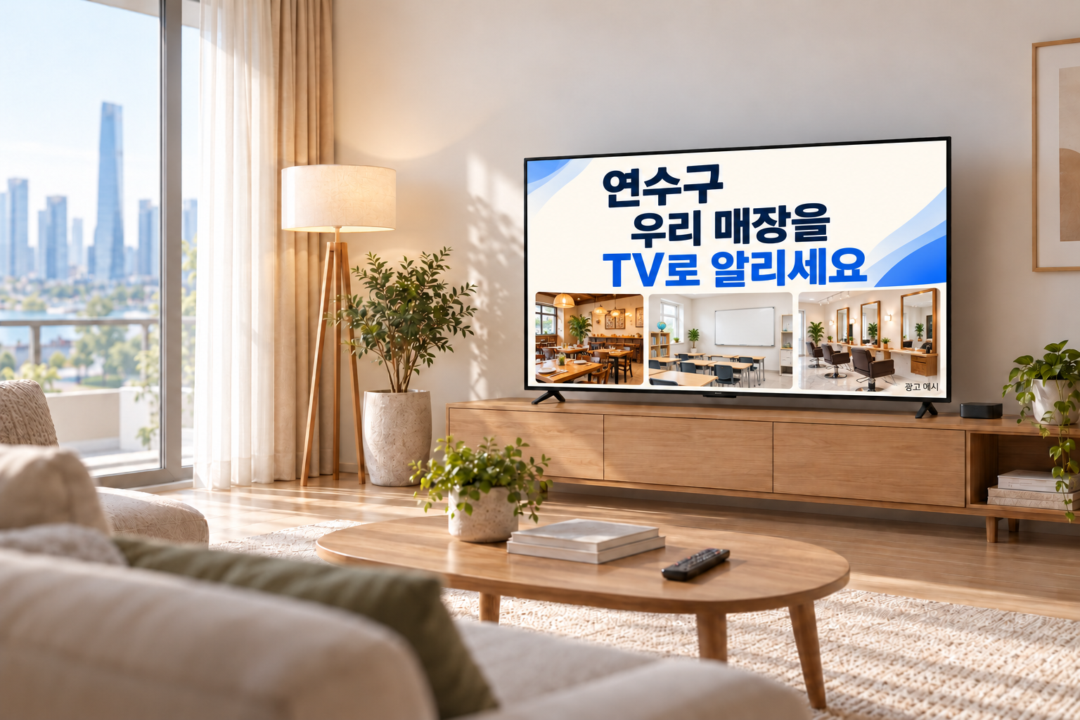 거실 TV에 연수구 매장 홍보 문구와 음식점·학원·미용실 장면이 나오는 IPTV 광고 예시