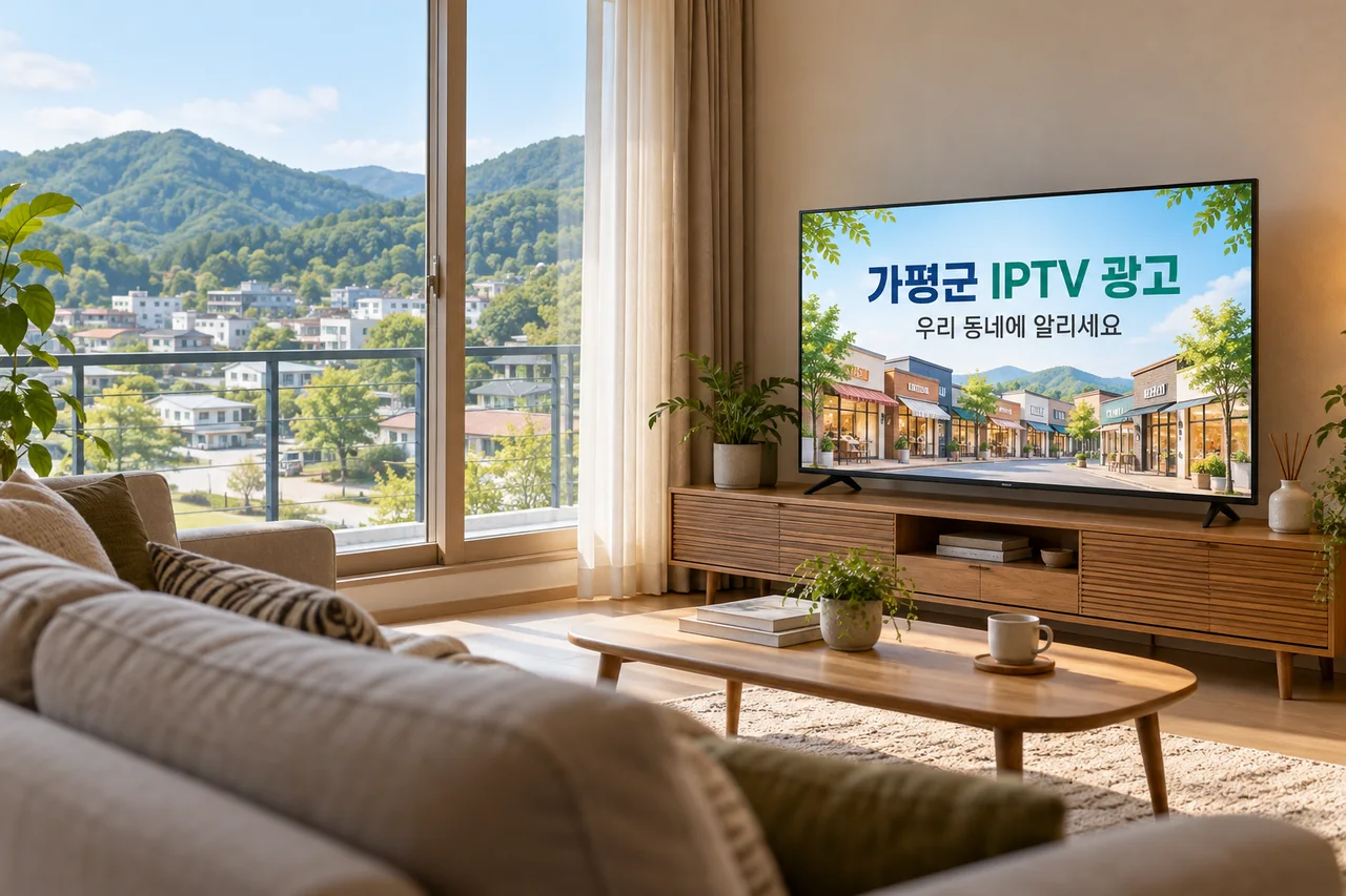 가평군 IPTV 광고 예시가 TV 화면에 나오는 거실 모습