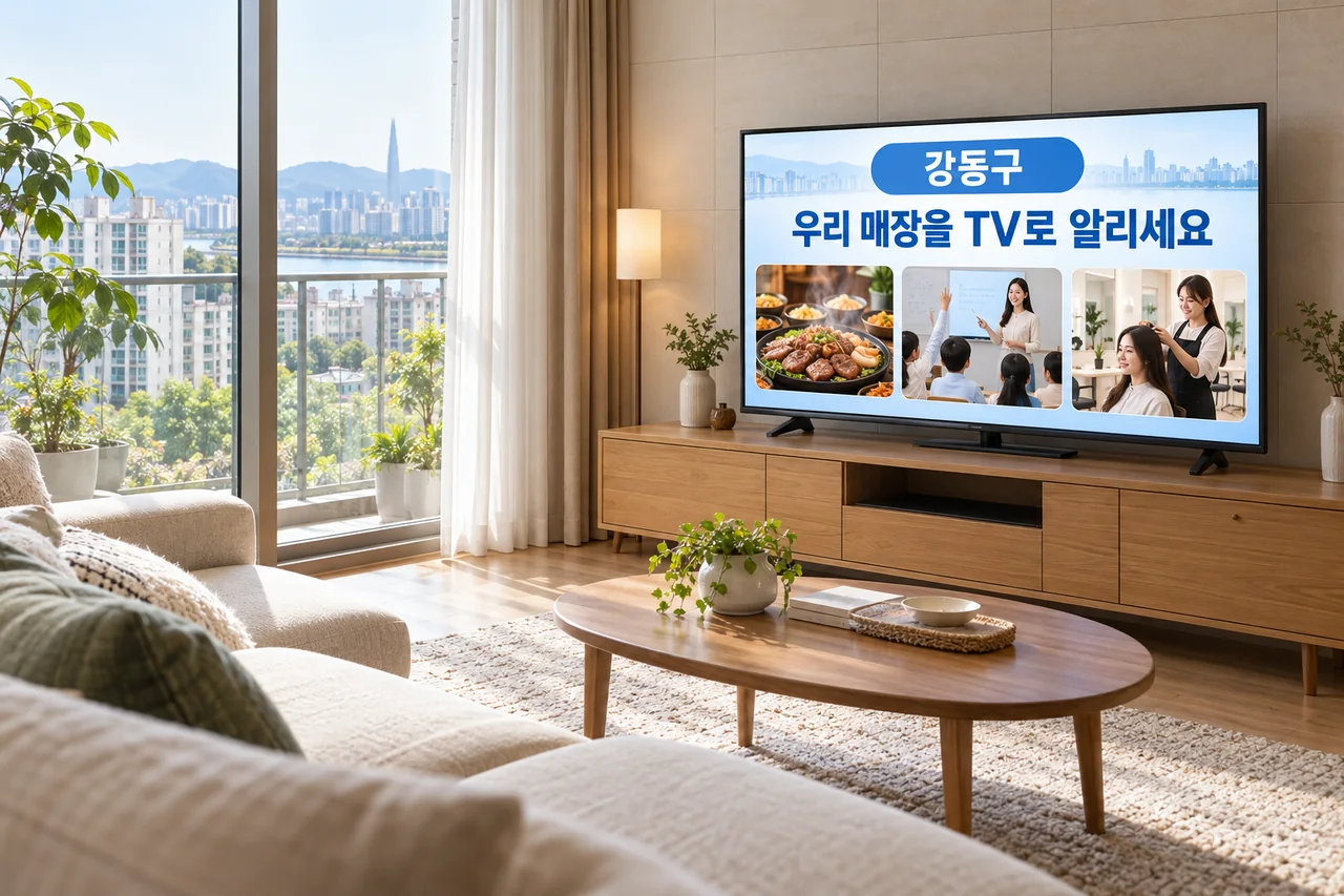 강동구 IPTV 광고 예시가 TV 화면에 나오는 거실 모습