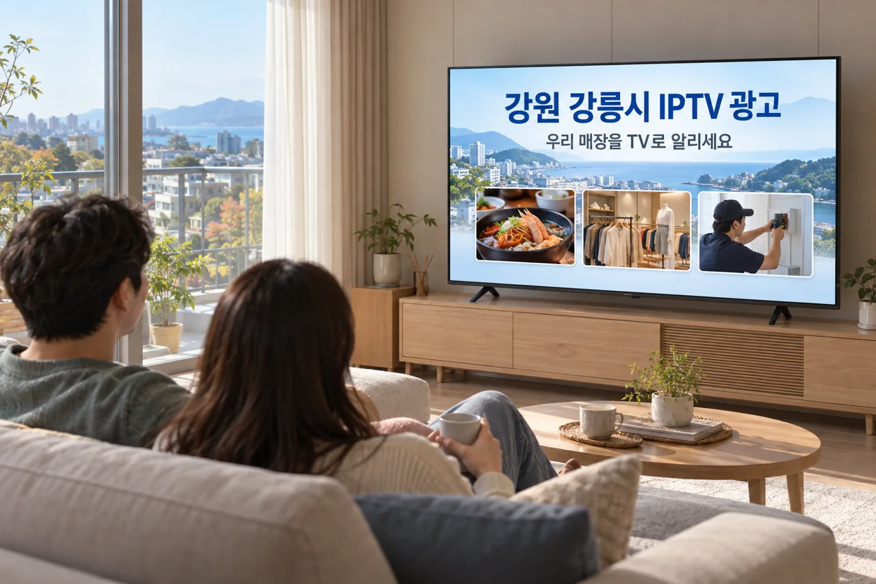 강릉시 IPTV 광고 예시가 TV 화면에 나오는 거실 모습