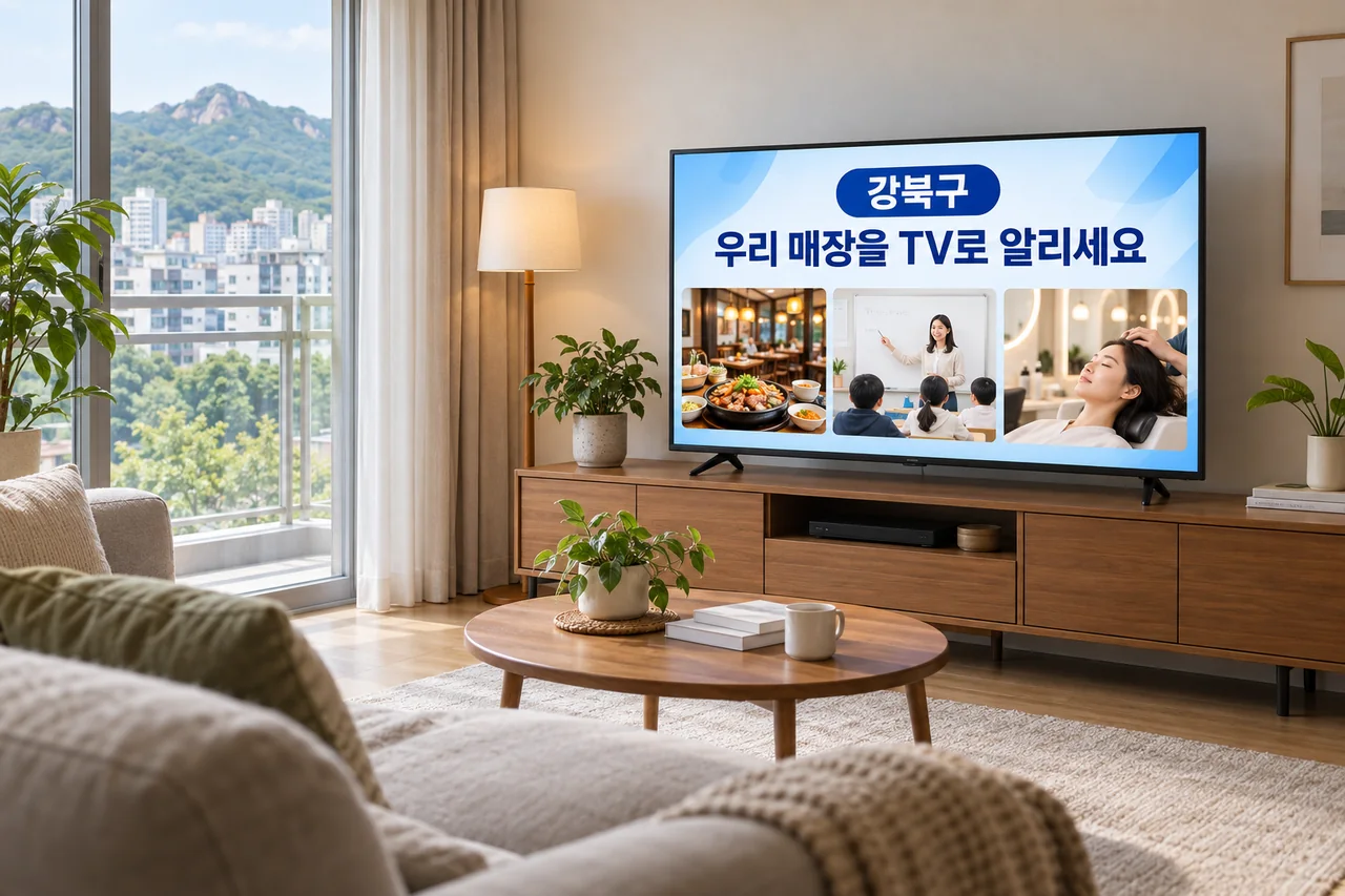 강북구 IPTV 광고 예시가 TV 화면에 나오는 거실 모습
