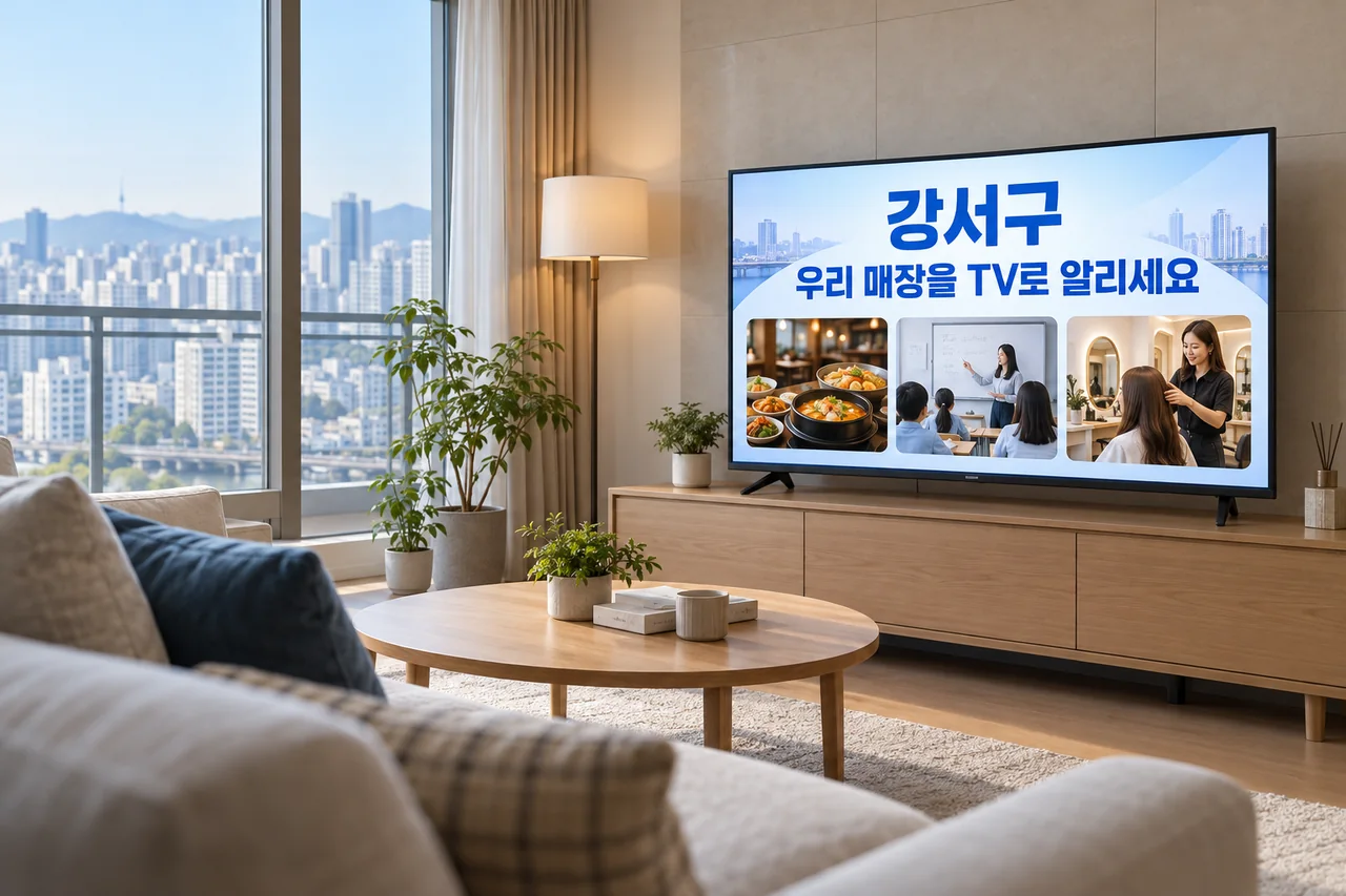 강서구 IPTV 광고 예시가 TV 화면에 나오는 거실 모습