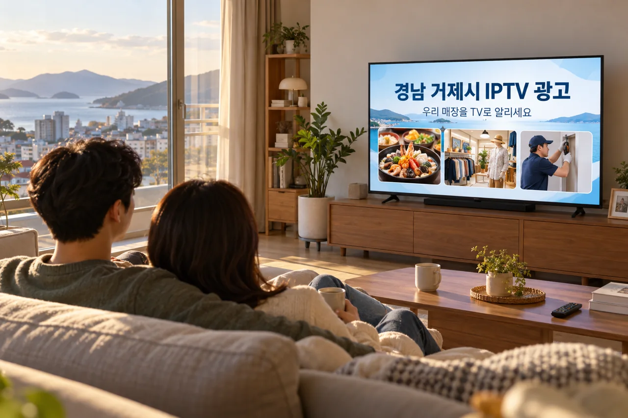 거제시 IPTV 광고 예시가 TV 화면에 나오는 거실 모습