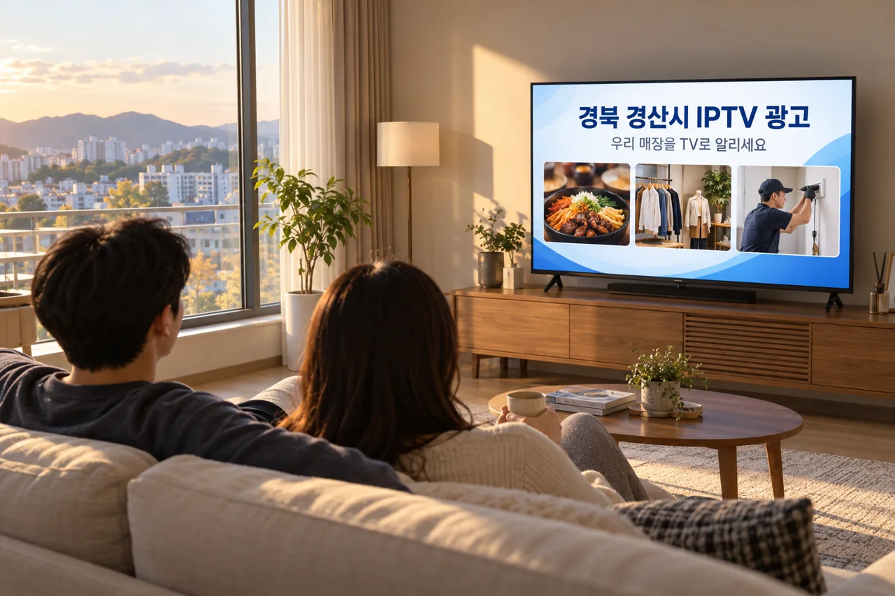 경산시 IPTV 광고 예시가 TV 화면에 나오는 거실 모습