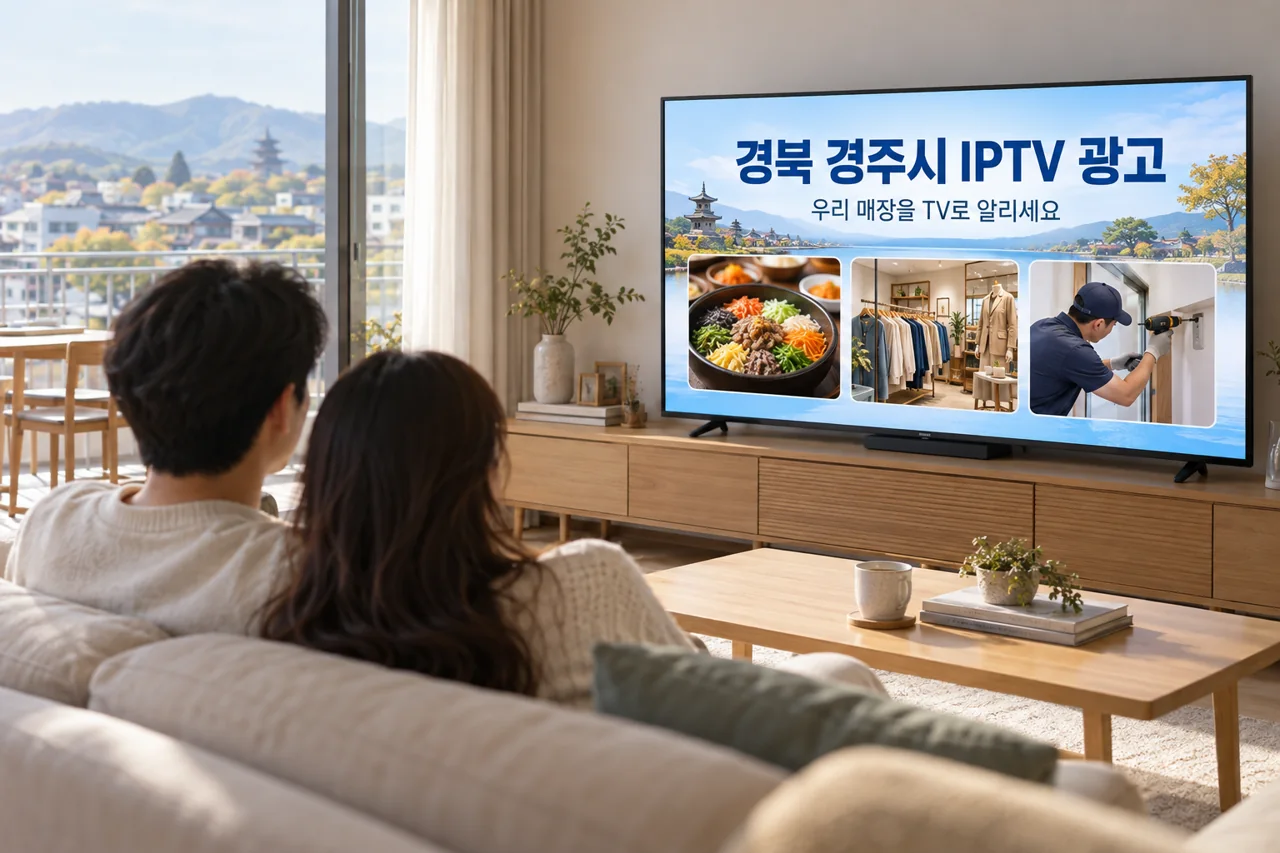 경주시 IPTV 광고 예시가 TV 화면에 나오는 거실 모습