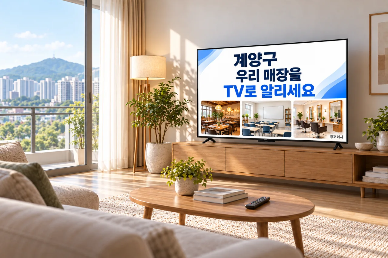 계양구 IPTV 광고 예시가 TV 화면에 나오는 거실 모습
