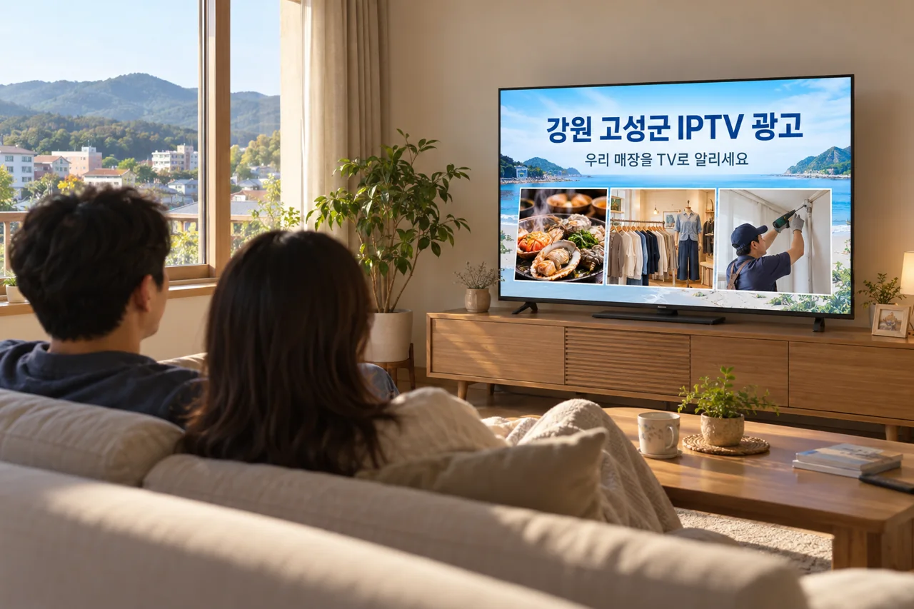 고성군 IPTV 광고 예시가 TV 화면에 나오는 거실 모습