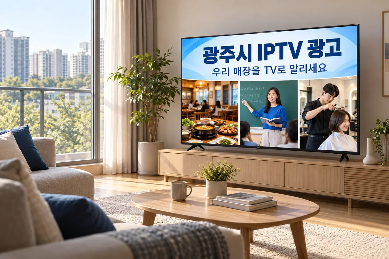 광주시 IPTV 광고 예시가 TV 화면에 나오는 거실 모습