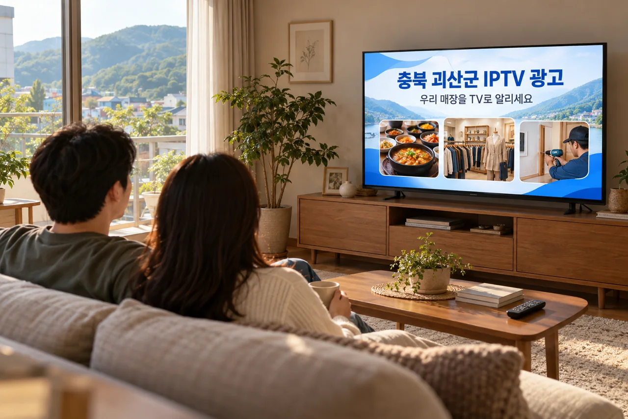 괴산군 IPTV 광고 예시가 TV 화면에 나오는 거실 모습