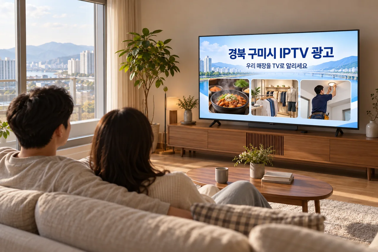 구미시 IPTV 광고 예시가 TV 화면에 나오는 거실 모습