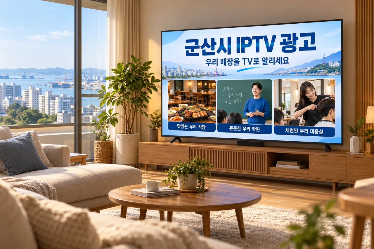 군산시 IPTV 광고 예시가 TV 화면에 나오는 거실 모습