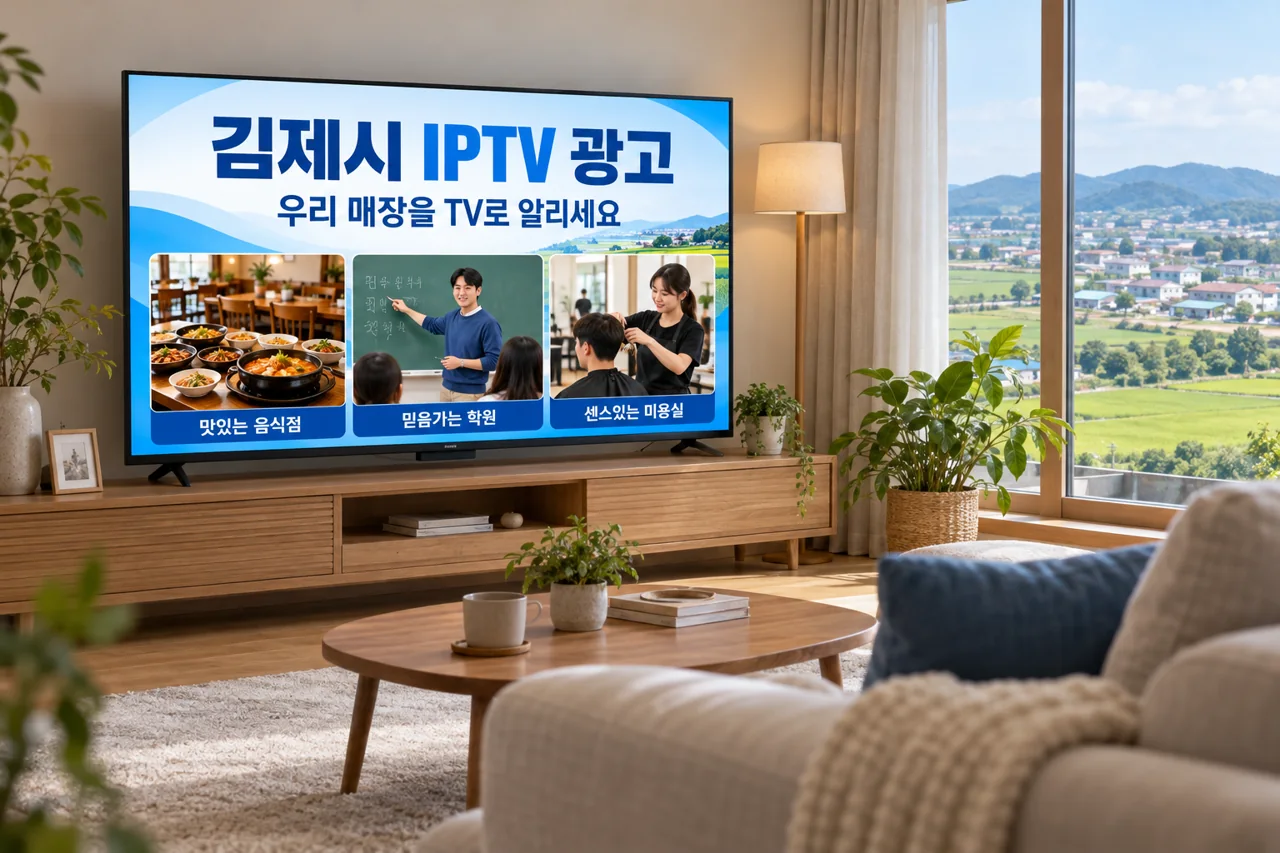 김제시 IPTV 광고 예시가 TV 화면에 나오는 거실 모습