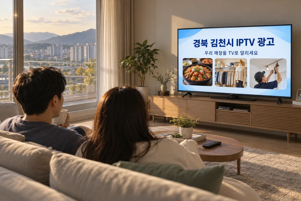 김천시 IPTV 광고 예시가 TV 화면에 나오는 거실 모습