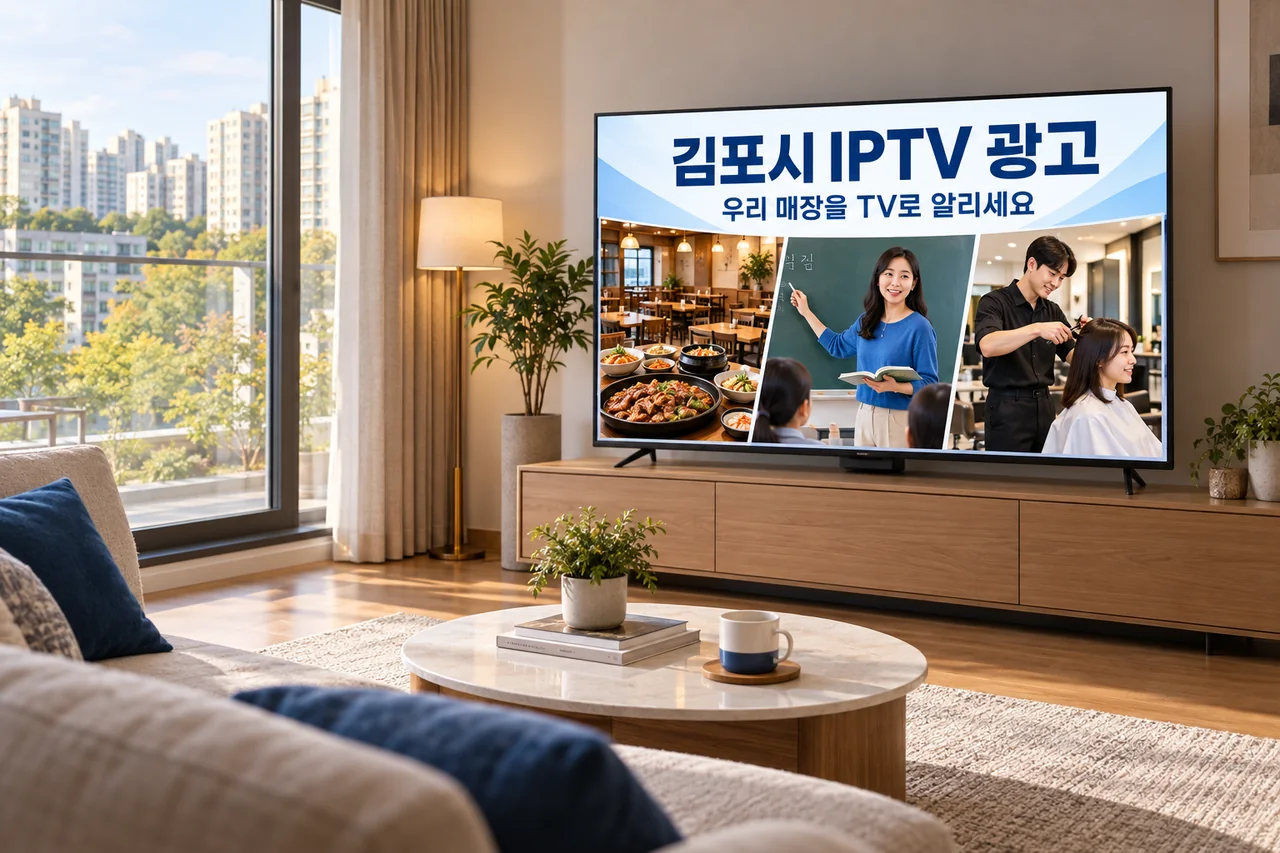 김포시 IPTV 광고 예시가 TV 화면에 나오는 거실 모습