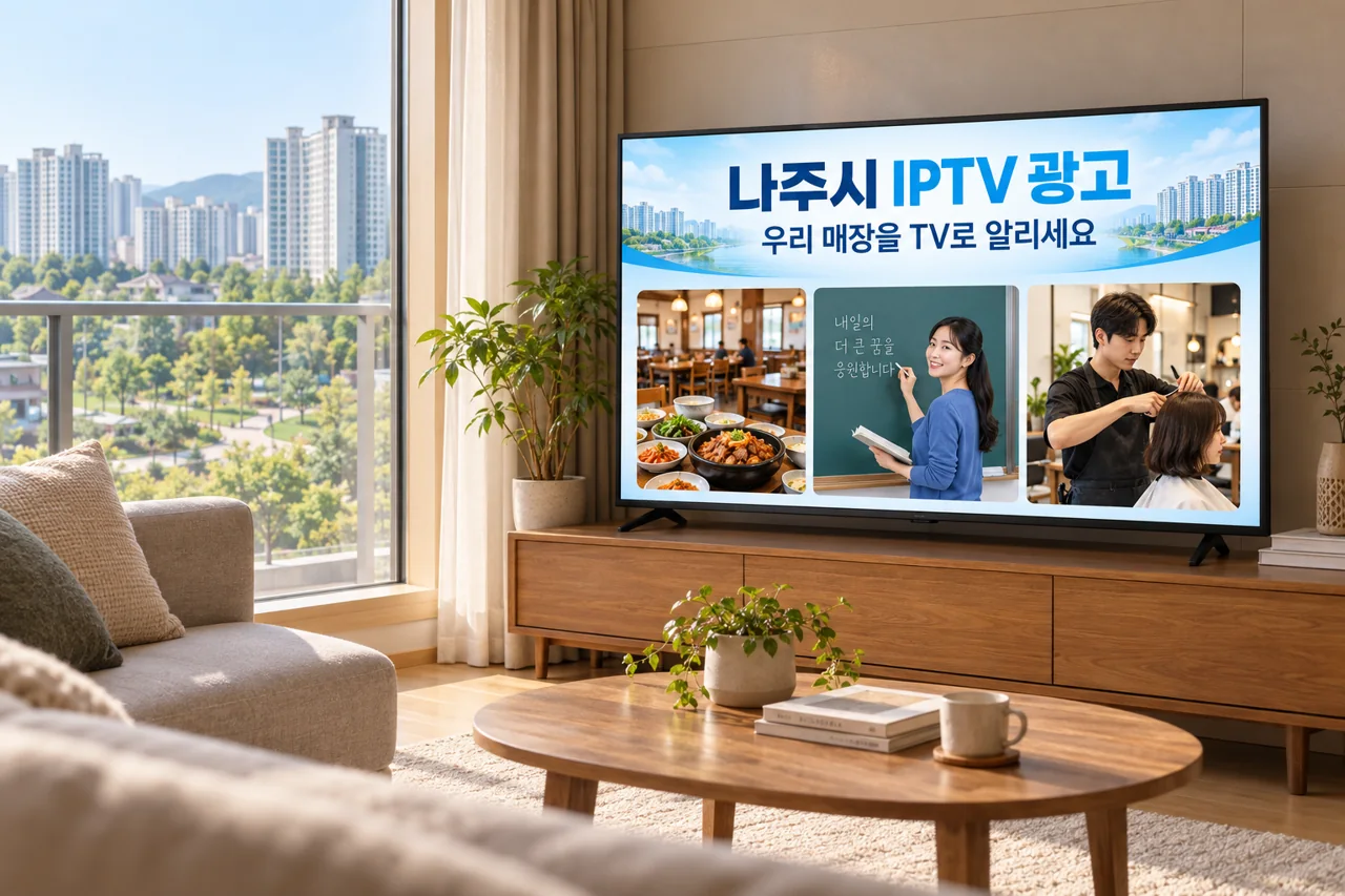 나주시 IPTV 광고 예시가 TV 화면에 나오는 거실 모습