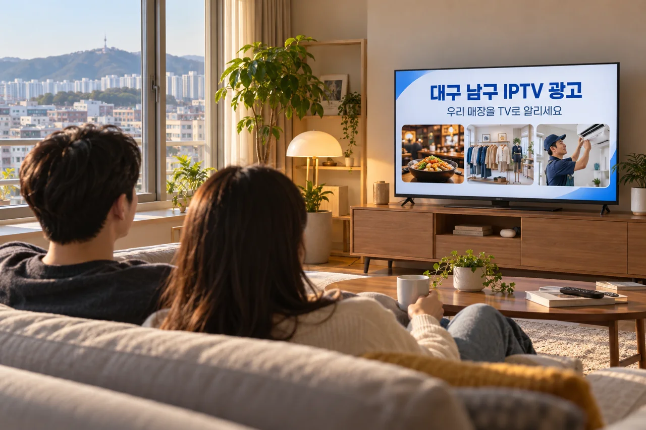 남구 IPTV 광고 예시가 TV 화면에 나오는 거실 모습