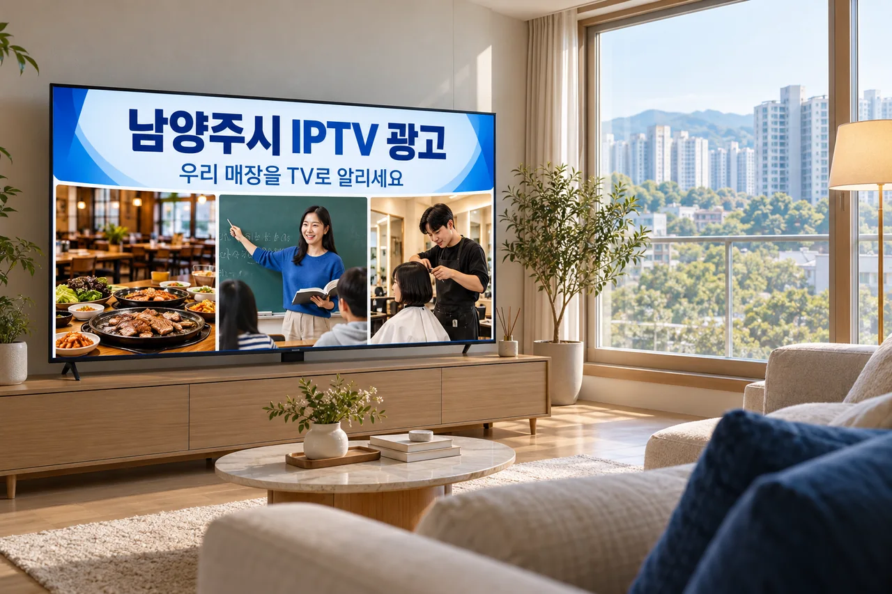 남양주시 IPTV 광고 예시가 TV 화면에 나오는 거실 모습