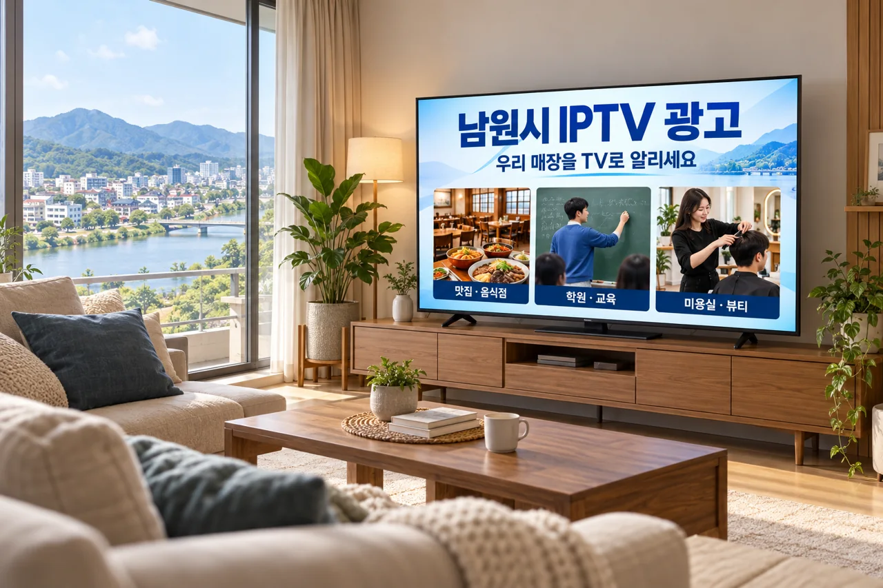 남원시 IPTV 광고 예시가 TV 화면에 나오는 거실 모습
