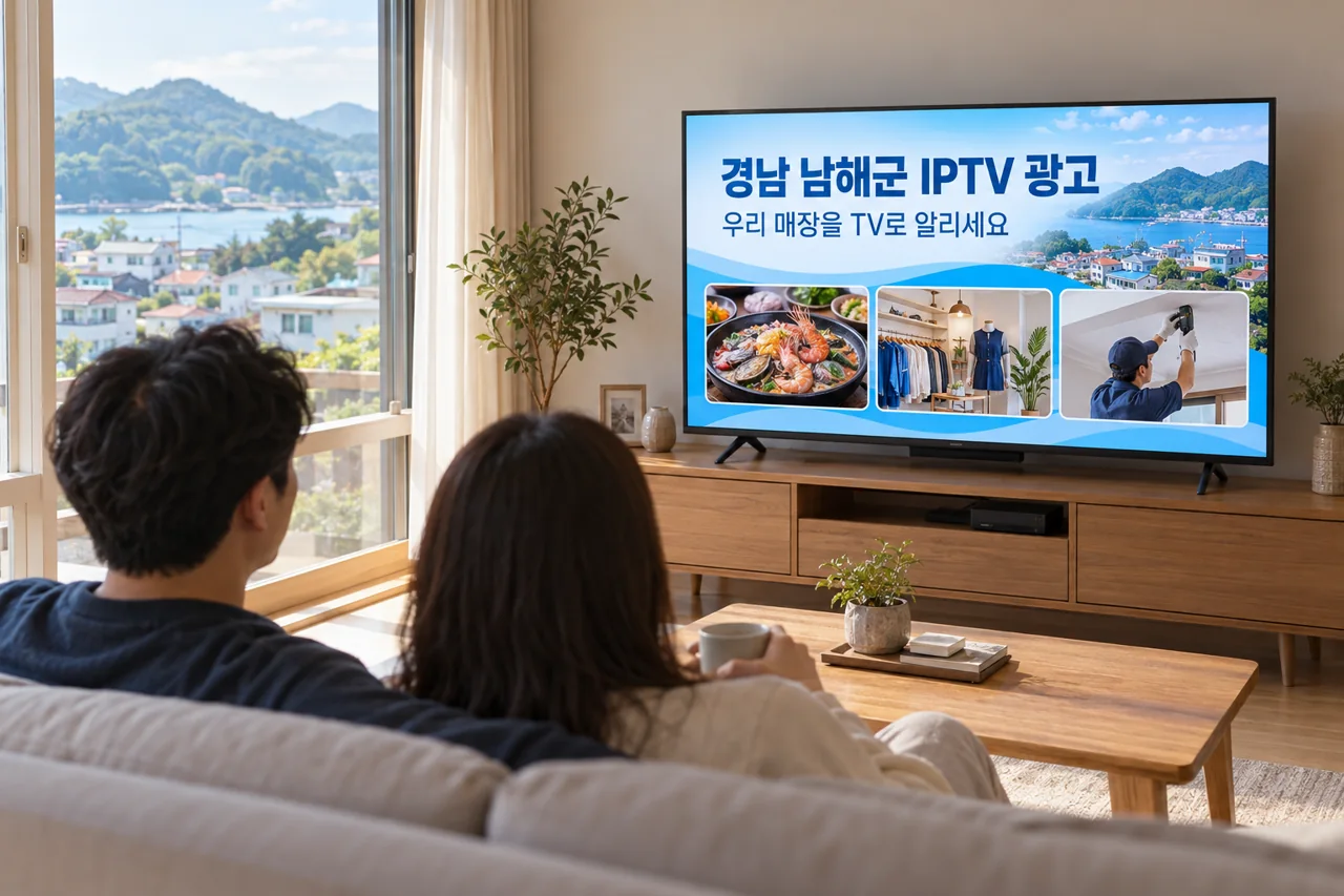 남해군 IPTV 광고 예시가 TV 화면에 나오는 거실 모습