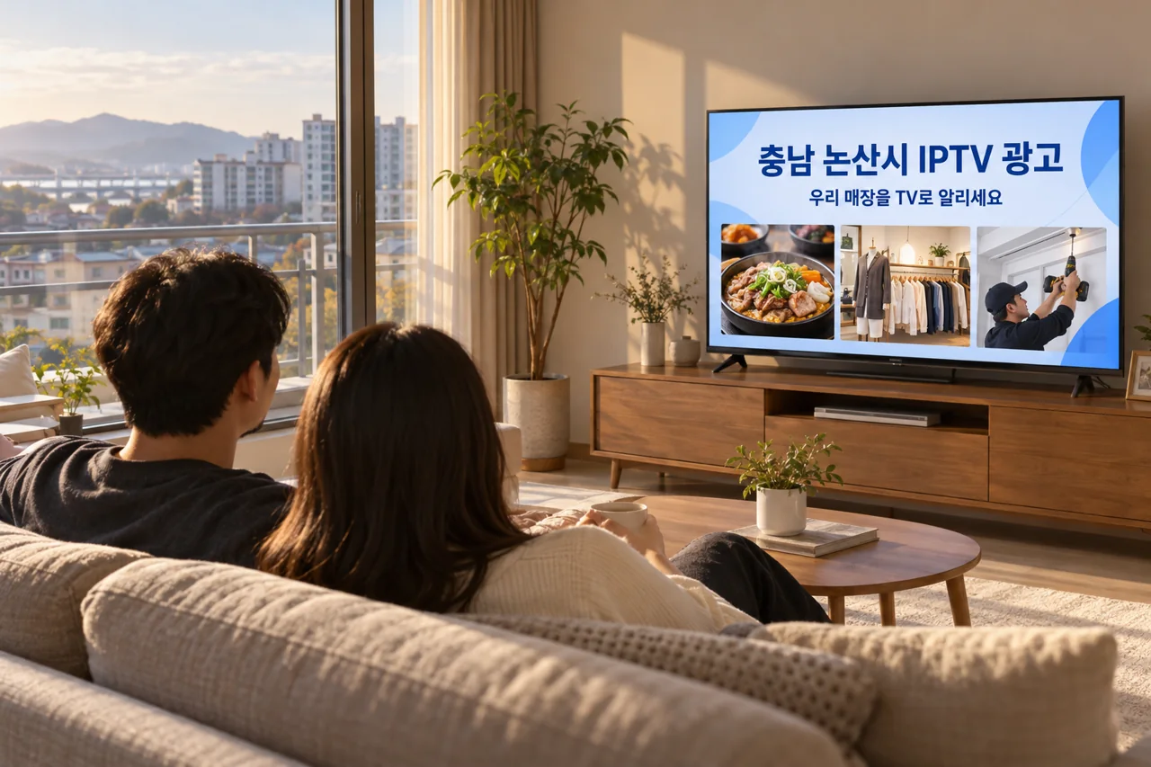 논산시 IPTV 광고 예시가 TV 화면에 나오는 거실 모습
