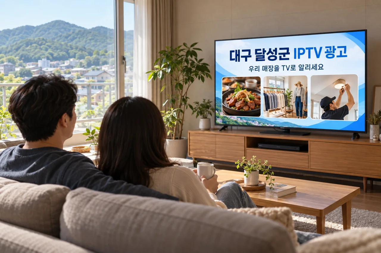 달성군 IPTV 광고 예시가 TV 화면에 나오는 거실 모습