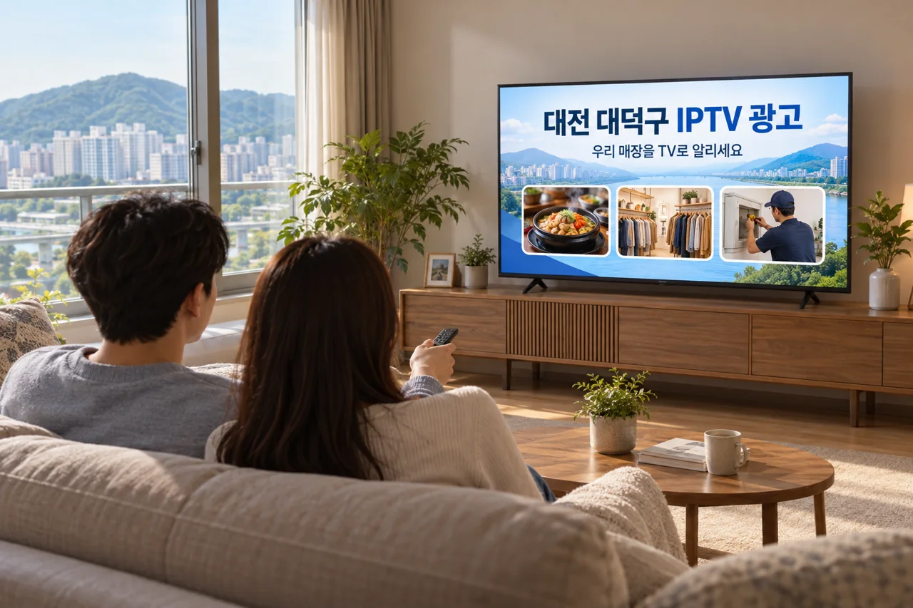 대덕구 IPTV 광고 예시가 TV 화면에 나오는 거실 모습