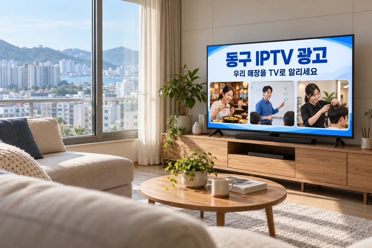 동구 IPTV 광고 예시가 TV 화면에 나오는 거실 모습