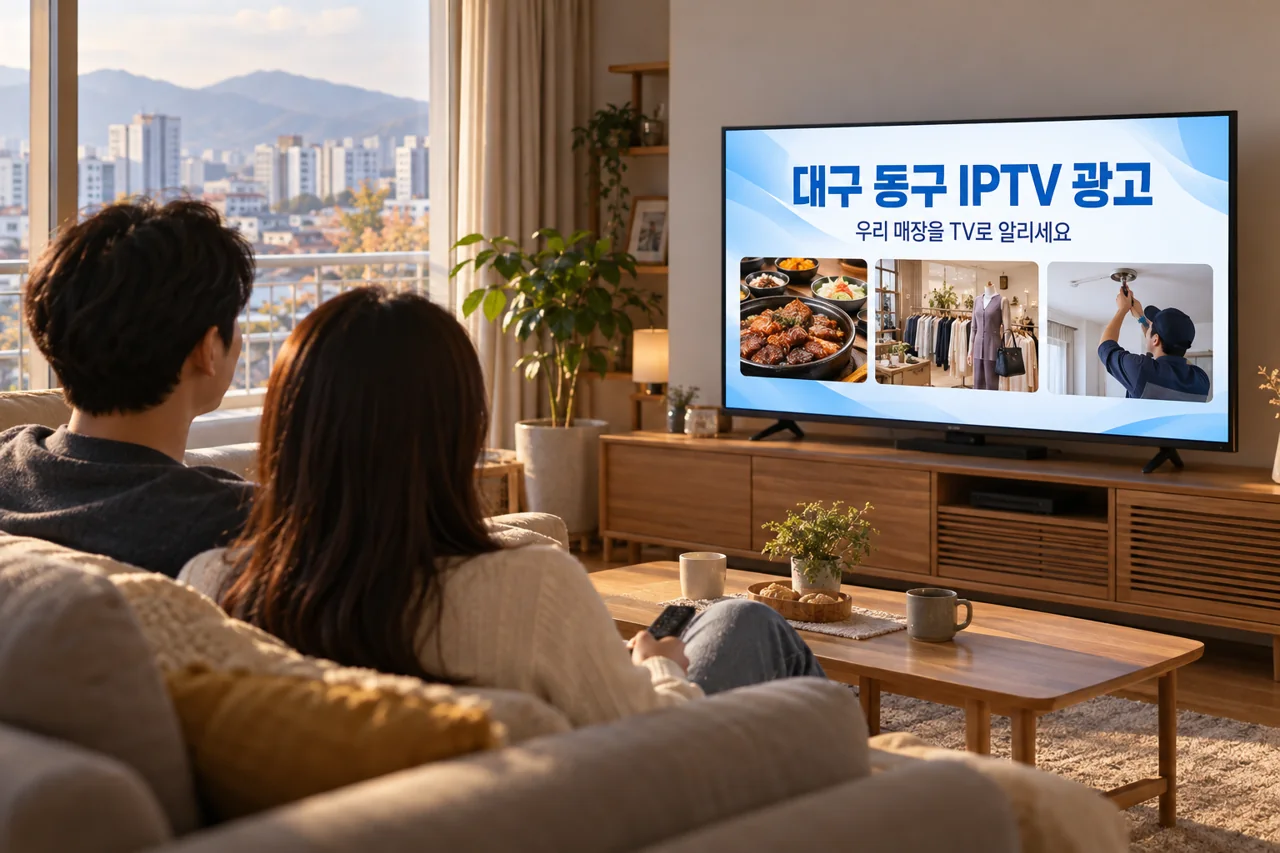 동구 IPTV 광고 예시가 TV 화면에 나오는 거실 모습