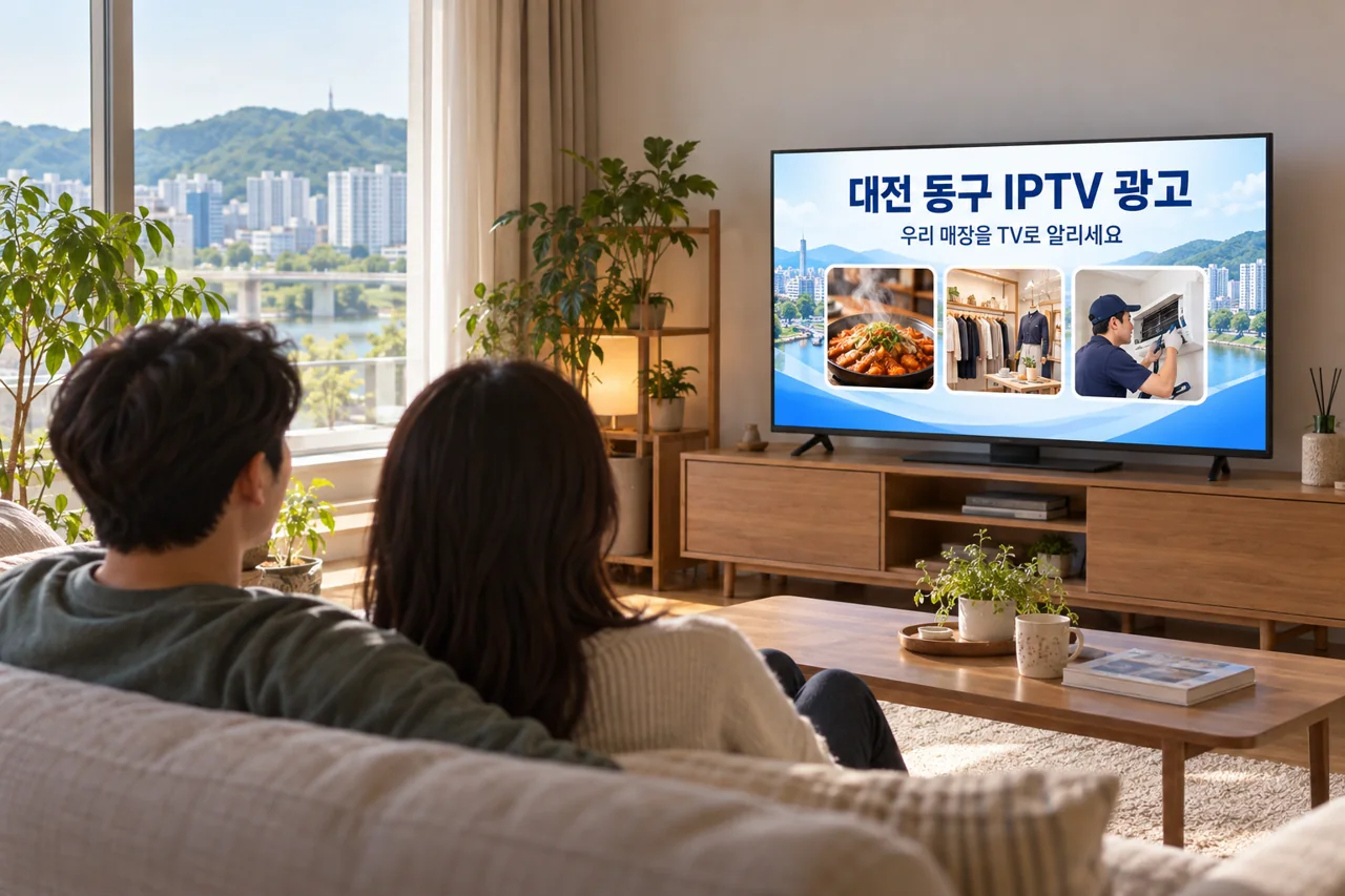 동구 IPTV 광고 예시가 TV 화면에 나오는 거실 모습