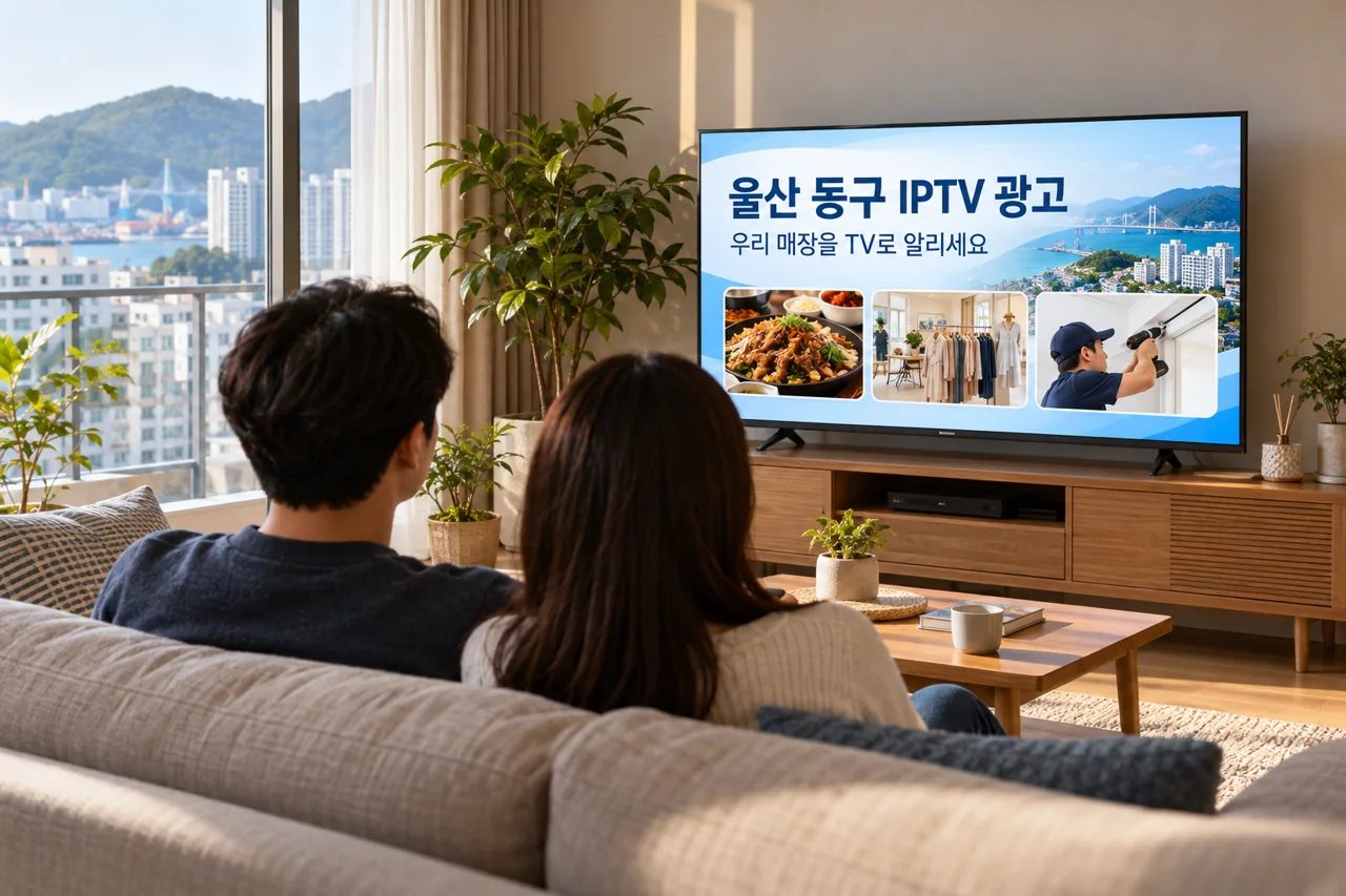 동구 IPTV 광고 예시가 TV 화면에 나오는 거실 모습