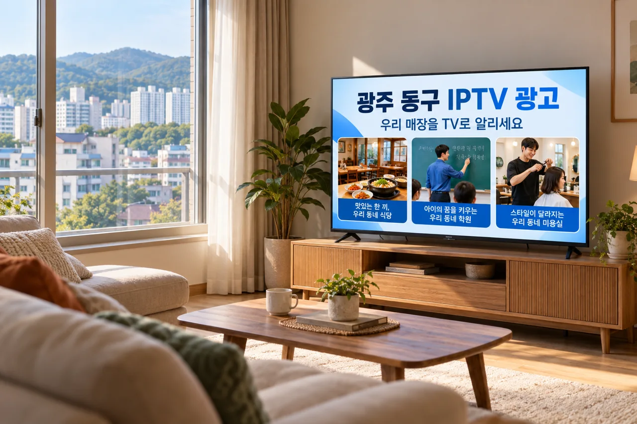 동구 IPTV 광고 예시가 TV 화면에 나오는 거실 모습
