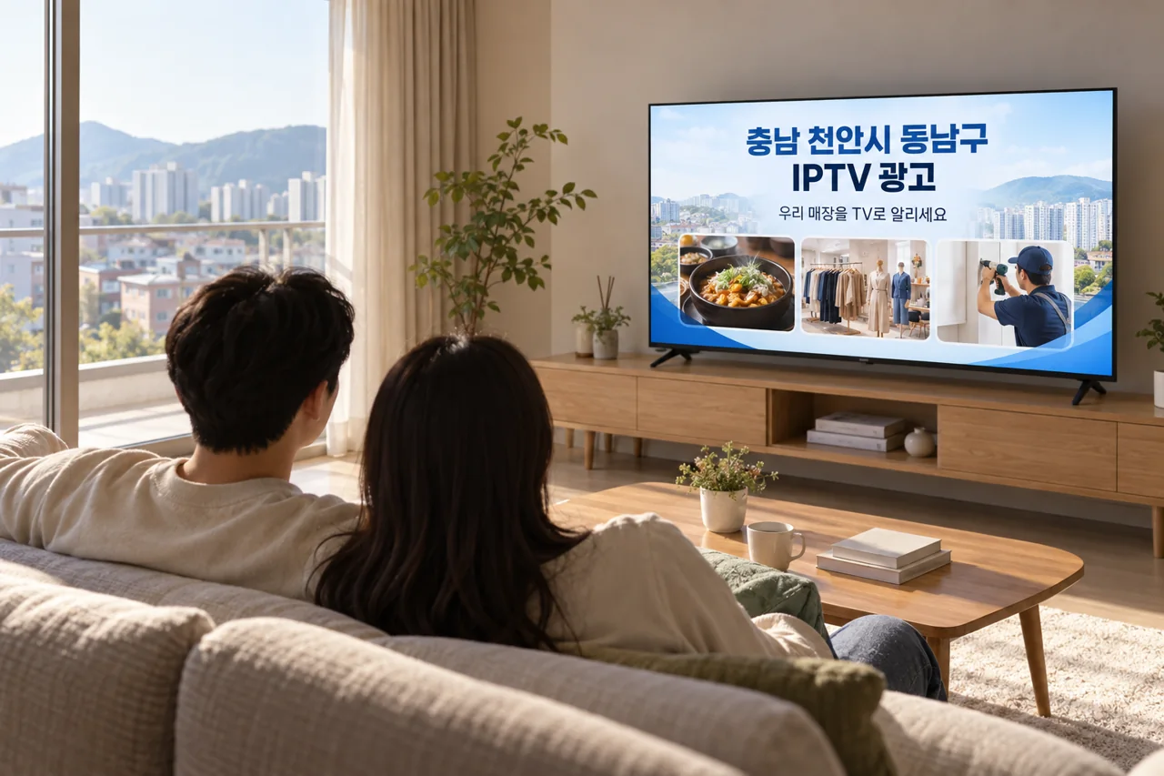 동남구 IPTV 광고 예시가 TV 화면에 나오는 거실 모습