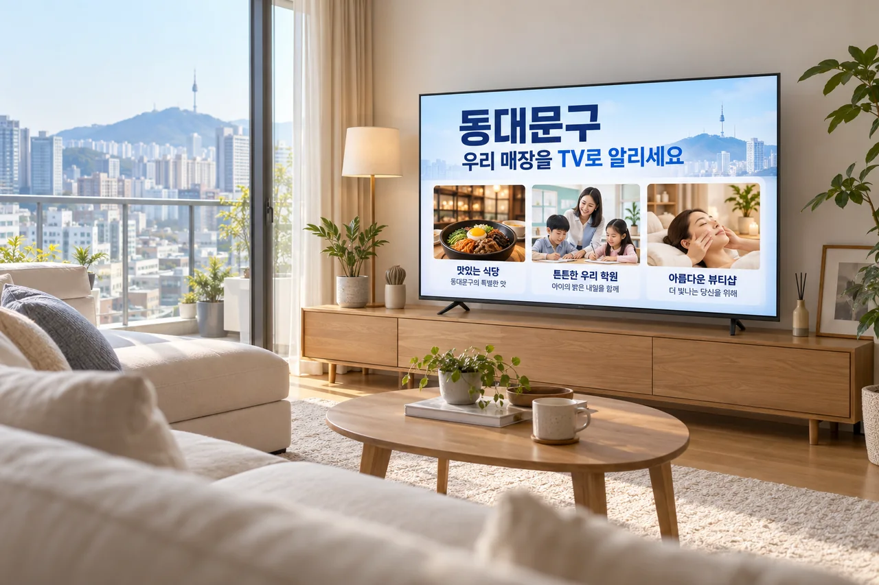 동대문구 IPTV 광고 예시가 TV 화면에 나오는 거실 모습