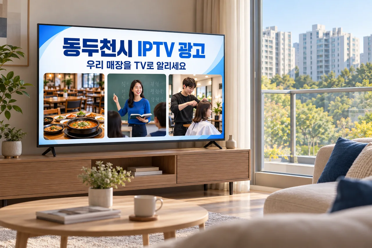 동두천시 IPTV 광고 예시가 TV 화면에 나오는 거실 모습