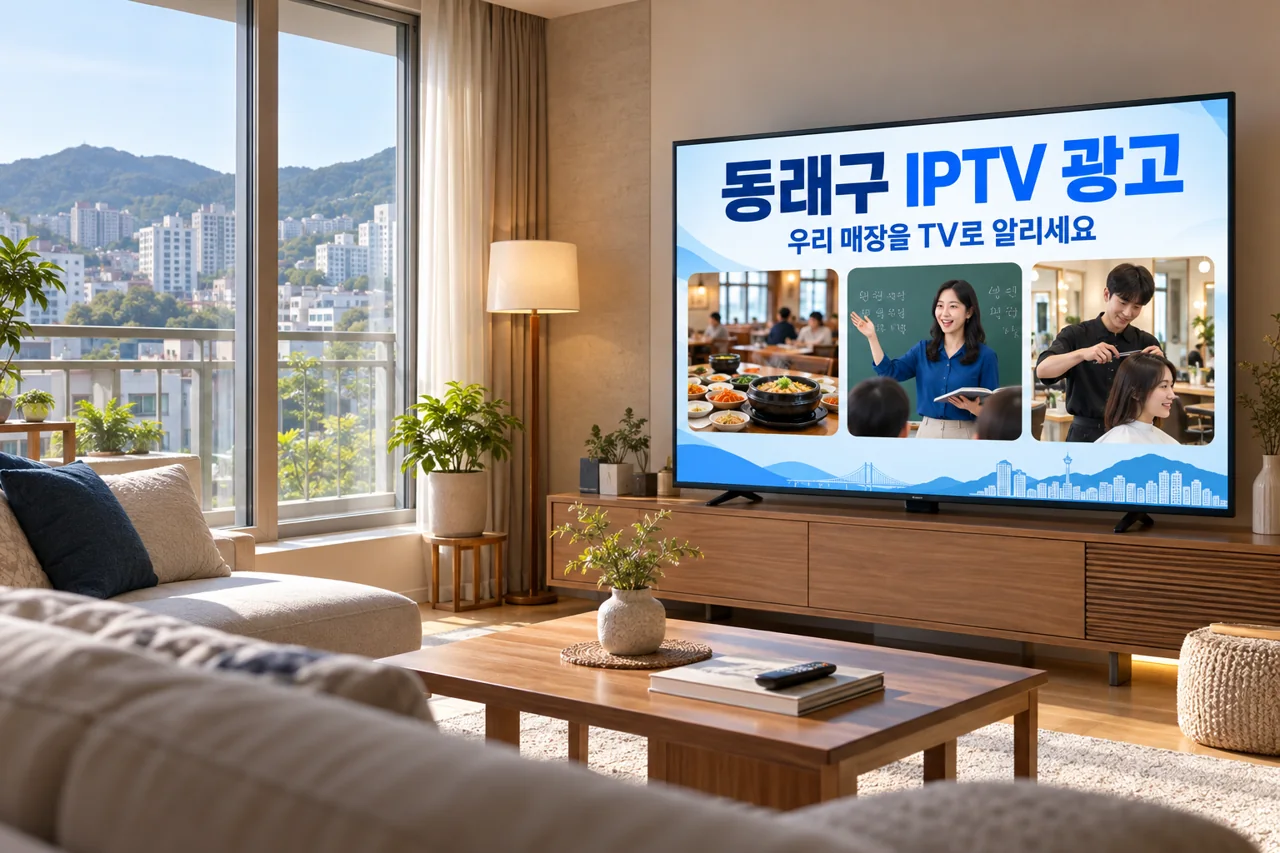 동래구 IPTV 광고 예시가 TV 화면에 나오는 거실 모습