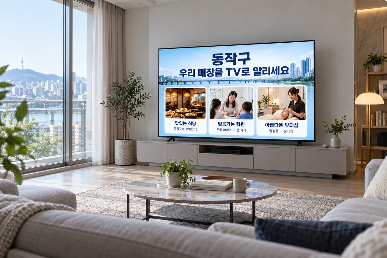 동작구 IPTV 광고 예시가 TV 화면에 나오는 거실 모습
