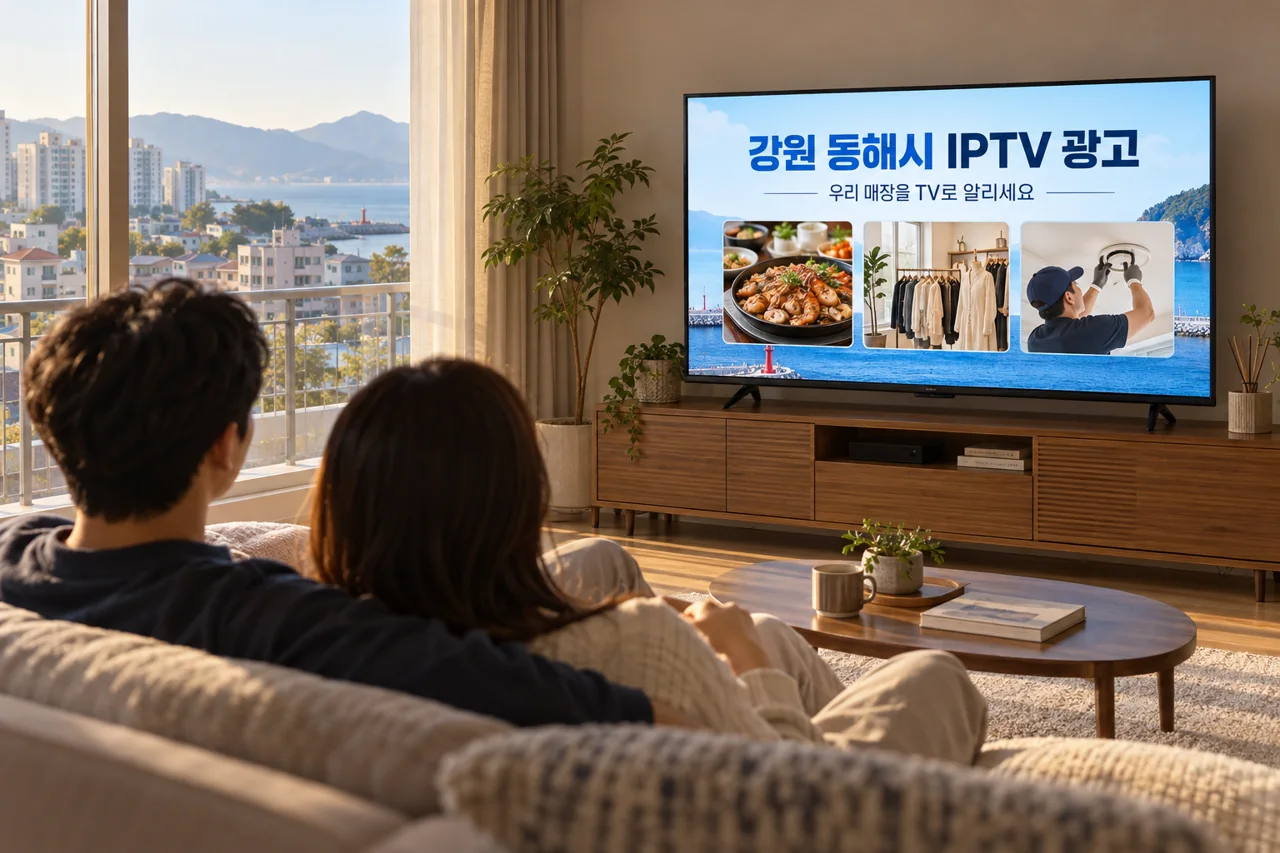 동해시 IPTV 광고 예시가 TV 화면에 나오는 거실 모습