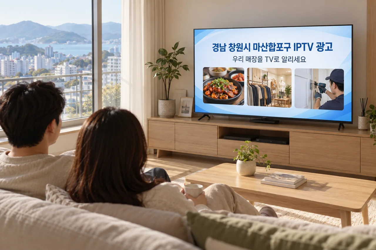 마산합포구 IPTV 광고 예시가 TV 화면에 나오는 거실 모습
