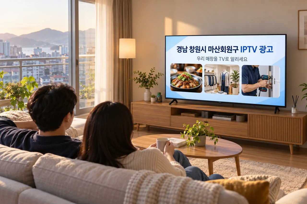 마산회원구 IPTV 광고 예시가 TV 화면에 나오는 거실 모습
