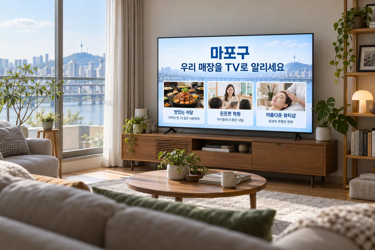 마포구 IPTV 광고 예시가 TV 화면에 나오는 거실 모습