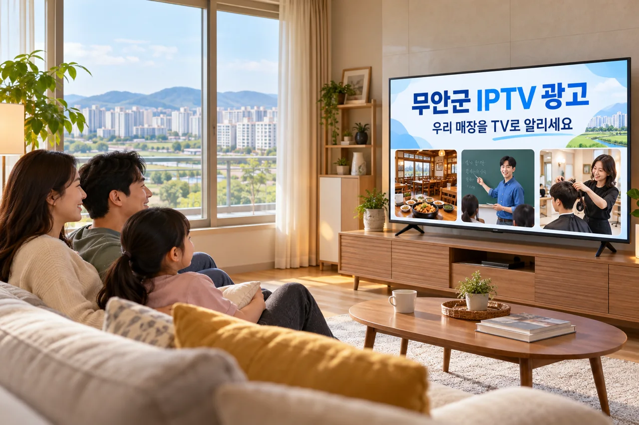 무안군 IPTV 광고 예시가 TV 화면에 나오는 거실 모습