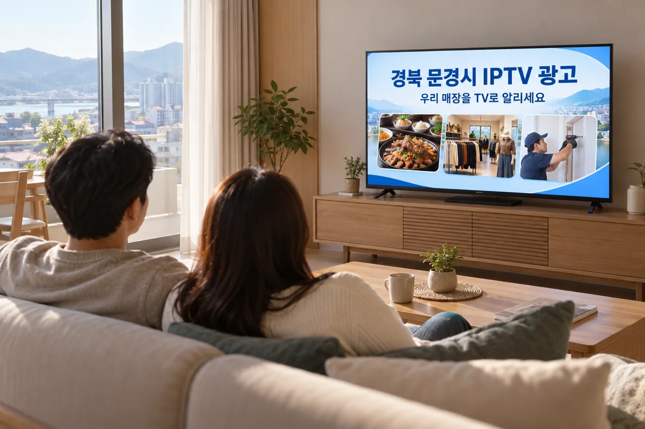 문경시 IPTV 광고 예시가 TV 화면에 나오는 거실 모습
