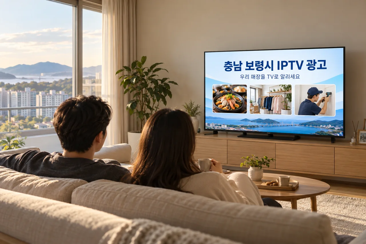 보령시 IPTV 광고 예시가 TV 화면에 나오는 거실 모습