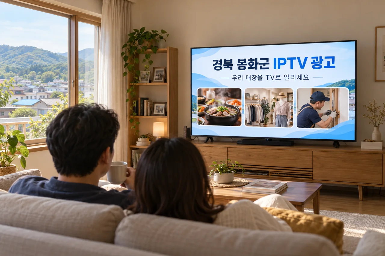 봉화군 IPTV 광고 예시가 TV 화면에 나오는 거실 모습