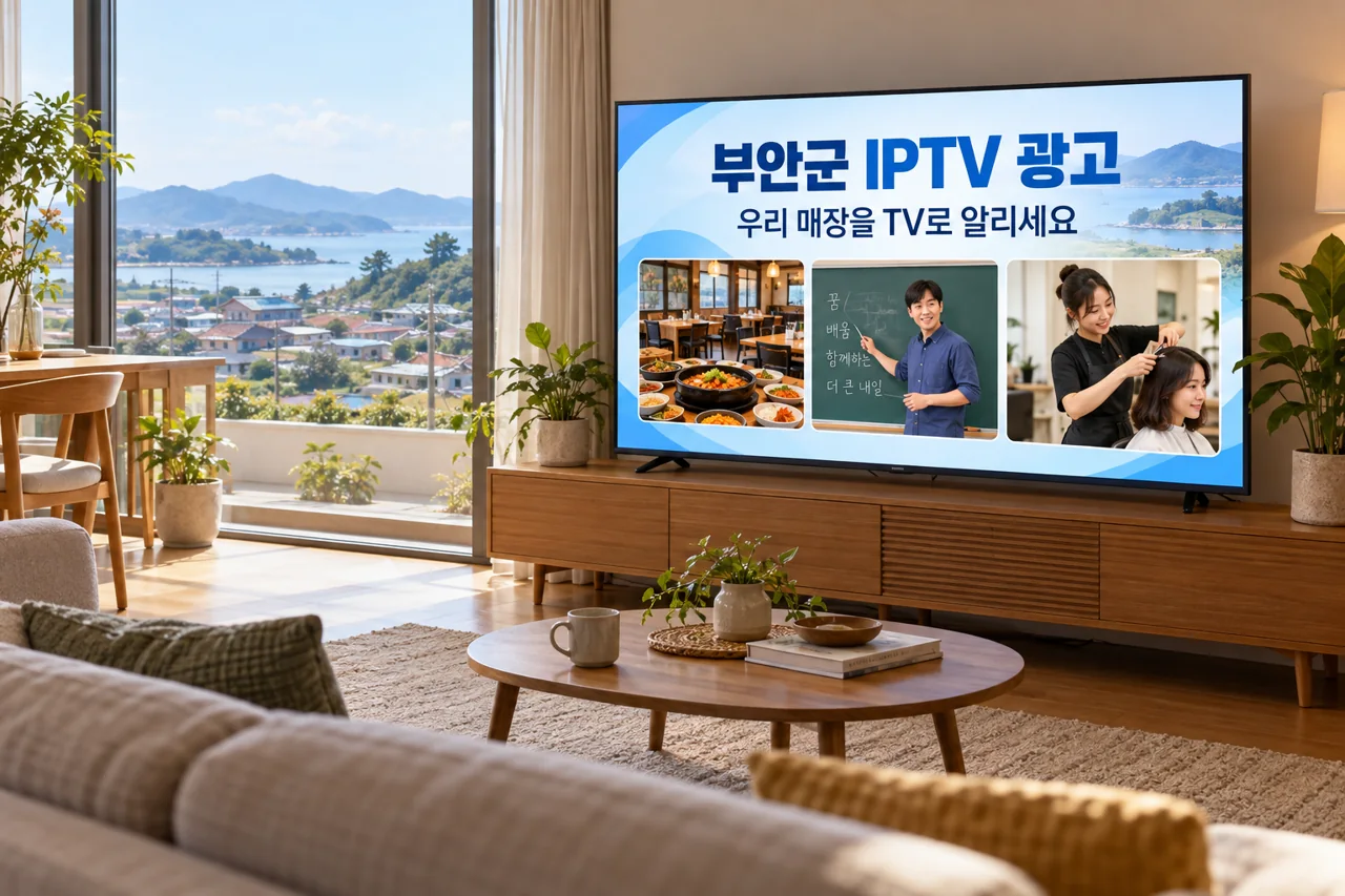 부안군 IPTV 광고 예시가 TV 화면에 나오는 거실 모습