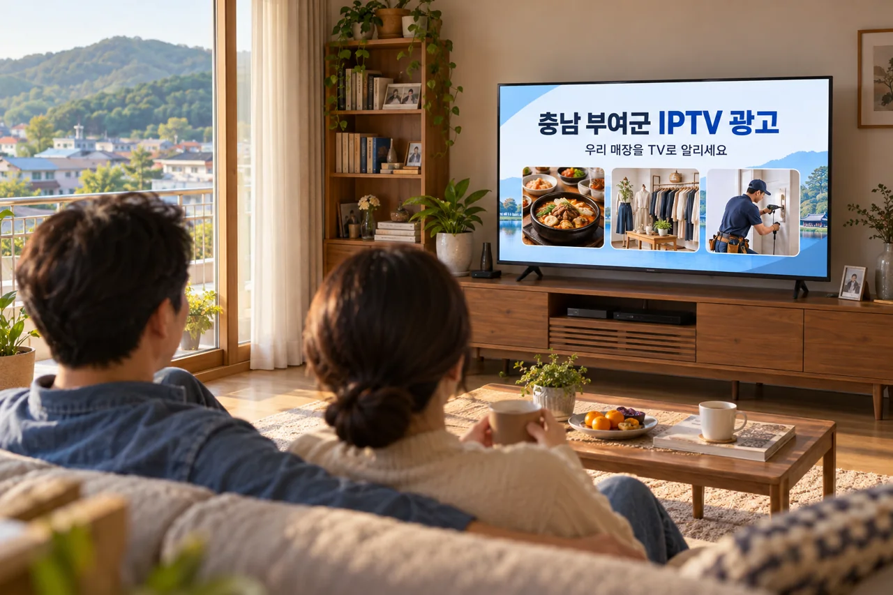부여군 IPTV 광고 예시가 TV 화면에 나오는 거실 모습