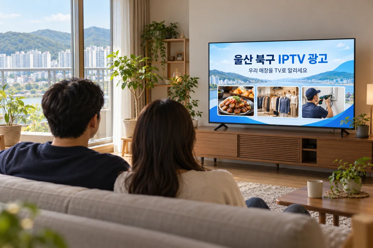 북구 IPTV 광고 예시가 TV 화면에 나오는 거실 모습