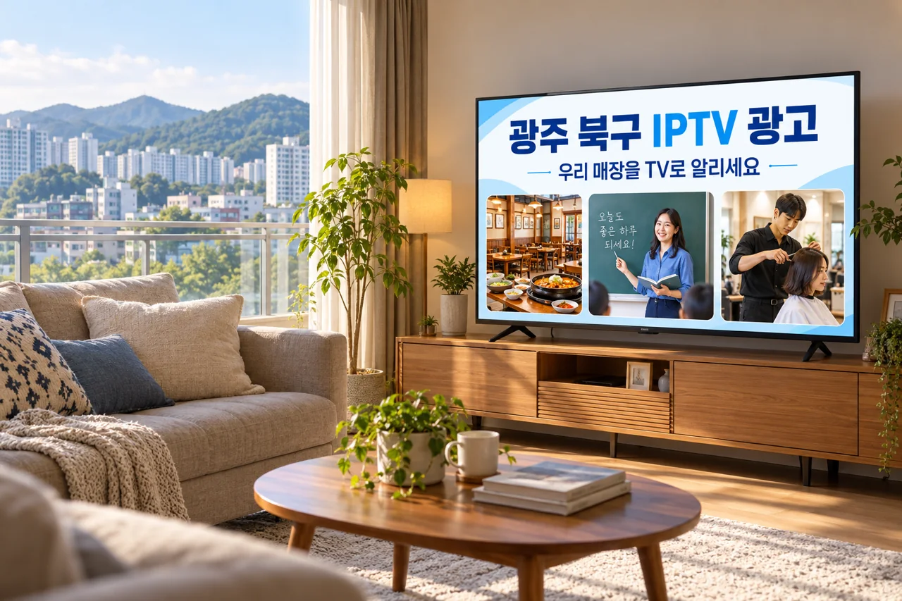 북구 IPTV 광고 예시가 TV 화면에 나오는 거실 모습