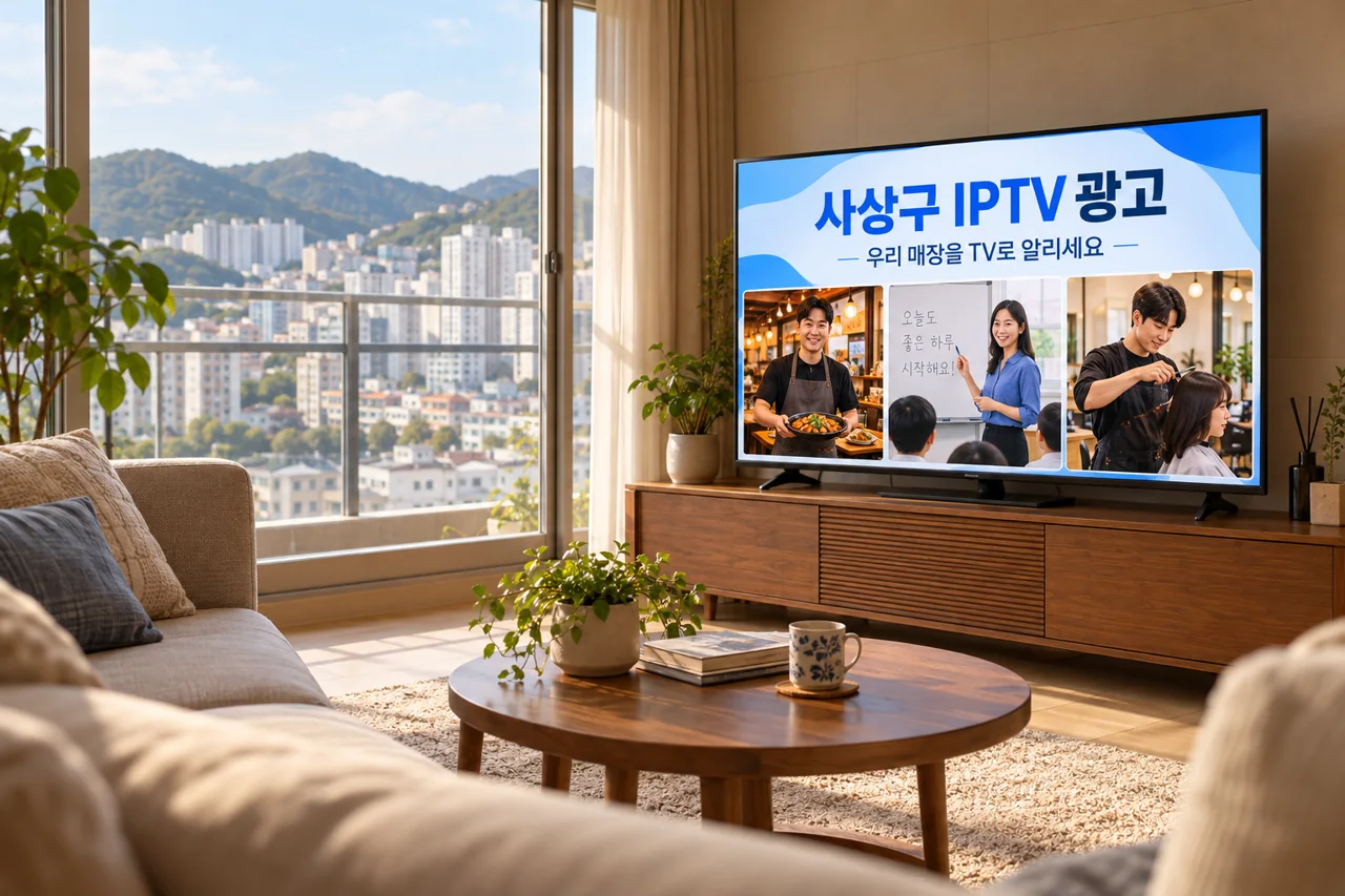 사상구 IPTV 광고 예시가 TV 화면에 나오는 거실 모습