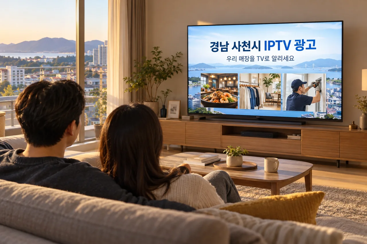 사천시 IPTV 광고 예시가 TV 화면에 나오는 거실 모습